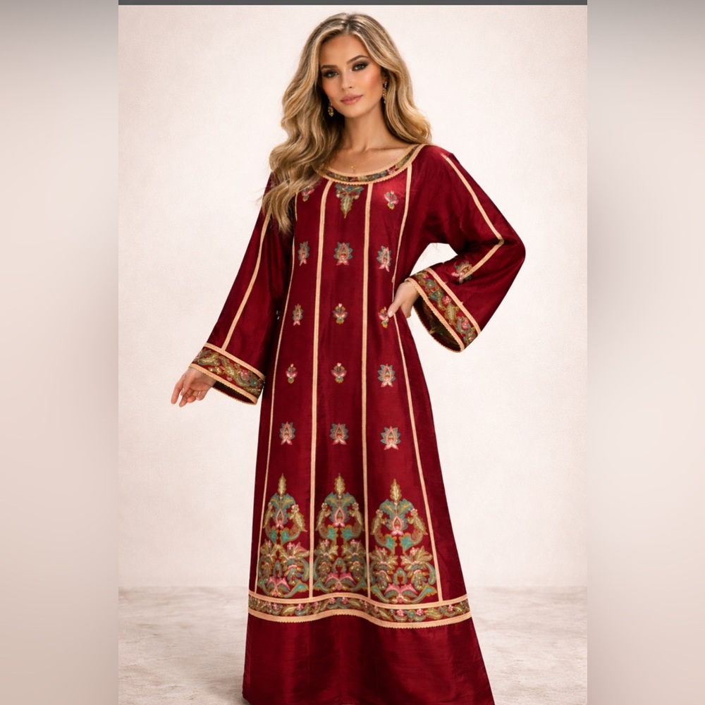 Embroidered Burgundy A-line Taffeta Women's Dress/ Kaftan